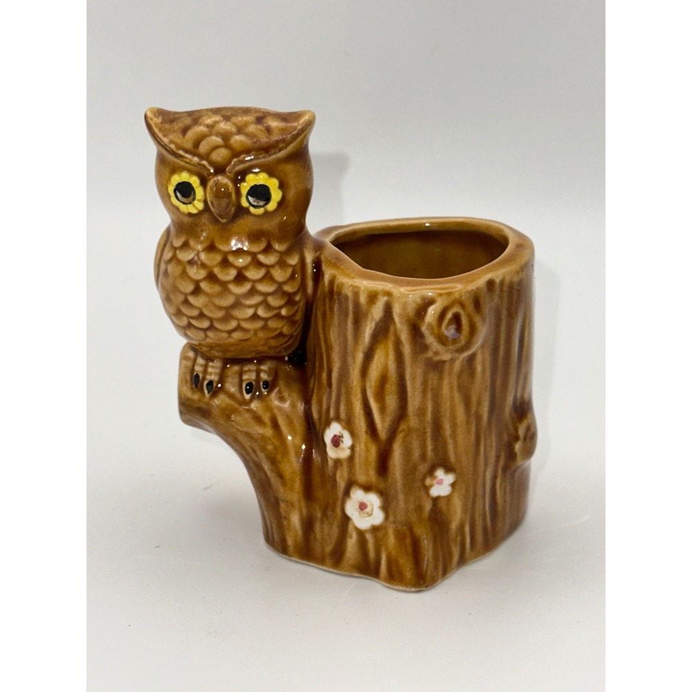 Vintage Lego Japan Ceramic Owl on Tree Stump Toothpick Holder Bud Vase Figurine
